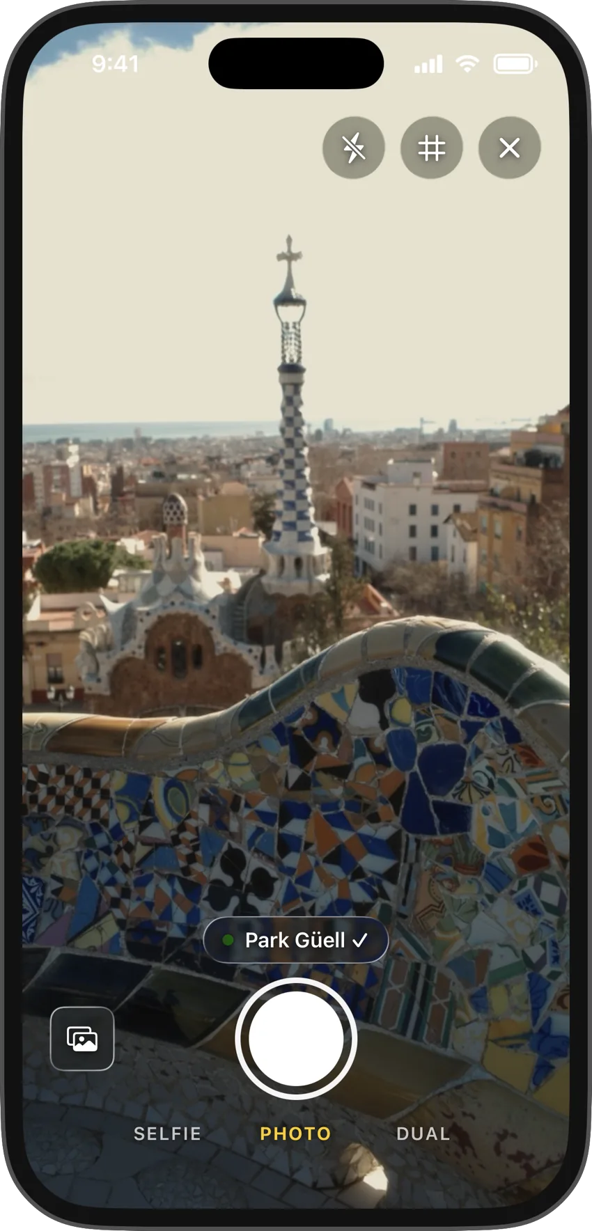 Pebi's camera, open at Park Güell in Barcelona