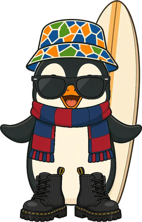 A Pebi penguin in a mosaic bucket hat, sunglasses, a striped scarf and boots, with a surfboard