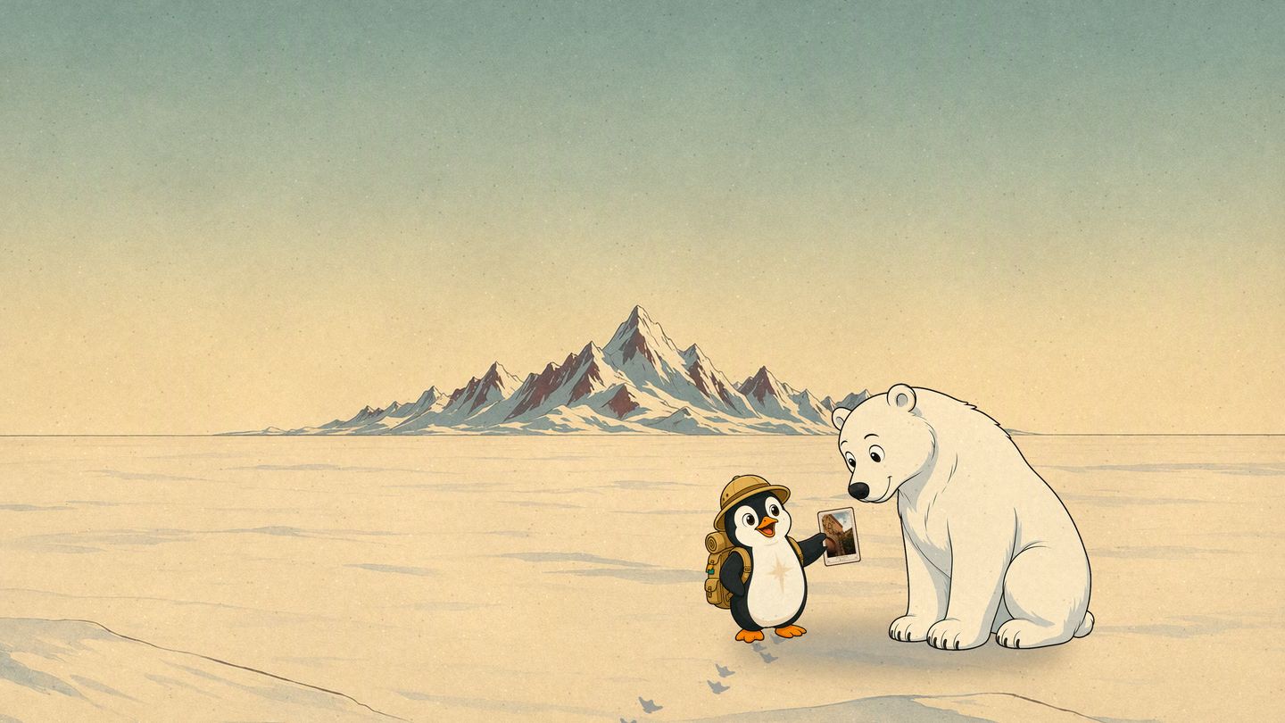 Pebbles the penguin, in his pith helmet, hands a polar bear a postcard on the snow