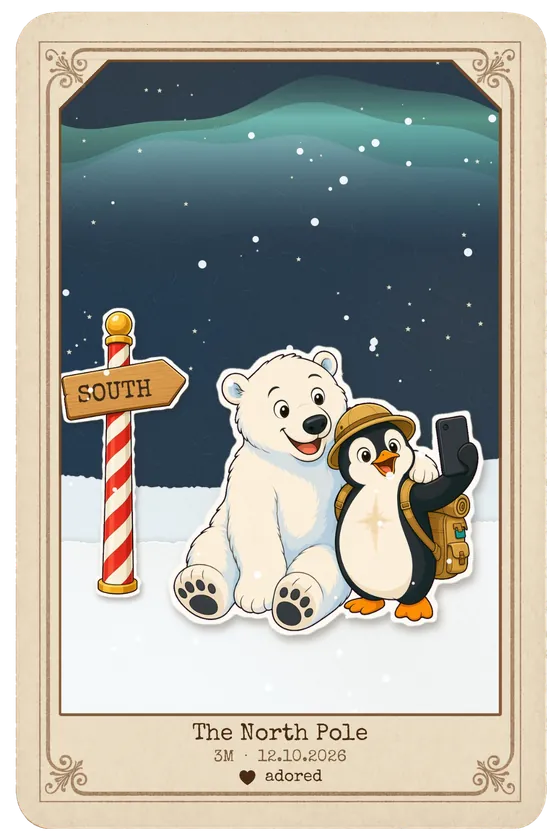 Pebbles' postcard from the North Pole: the penguin and the polar bear under the northern lights